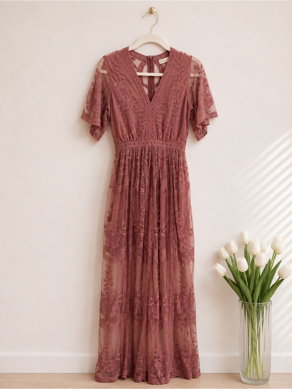 Altar’d State Dusty Rose Embroidered Mesh Maxi Dress Small Wedding Guest Boho